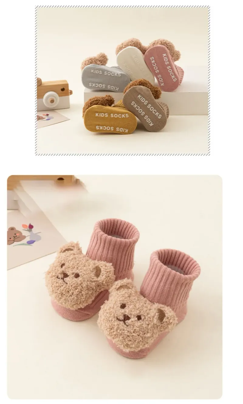 Meias de bebê fofas de urso de desenho animado para meninos e meninas, meias de inverno de algodão macio com sola antiderrapante para recém-nascidos, meias grossas e quentes para crianças_voghion.com
