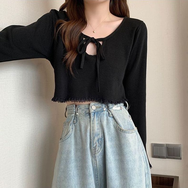 Elegant and lace V-neck long sleeved t-shirt for women, 2024 autumn new collection with strap design, niche slim fit top_voghion.com