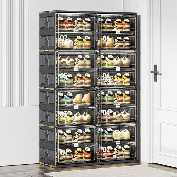 8 Tiers 32 Pairs Hard Plastic Shoe Storage Organizer Cabinet For Entryway, Large Stackable Collapsible Sneaker Shoe Box Organizer For Closet, Portab_voghion.com