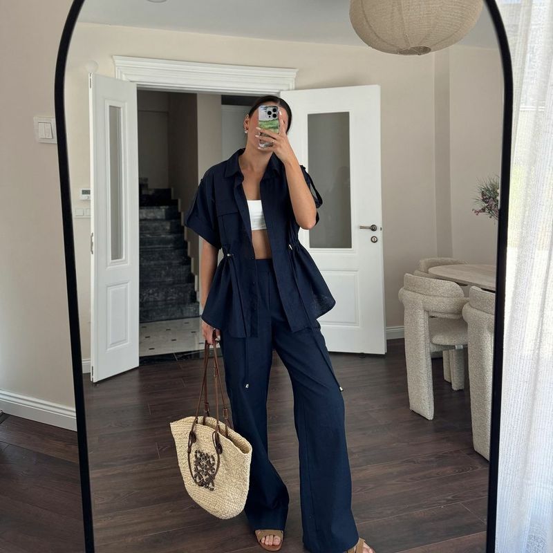 Women's Clothing Casual Workwear Pocket Drawstring Short Sleeved Shirt Trousers Summer Two Piece Suit_voghion.com