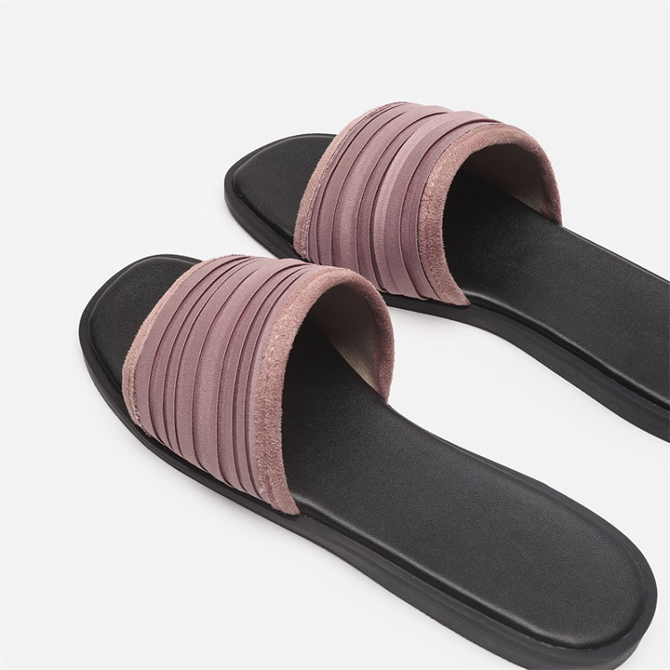 Sandálias femininas com textura enrugada - Chinelos de salto baixo com bico aberto (minimalistas, versáteis para praia e uso casual)_voghion.com