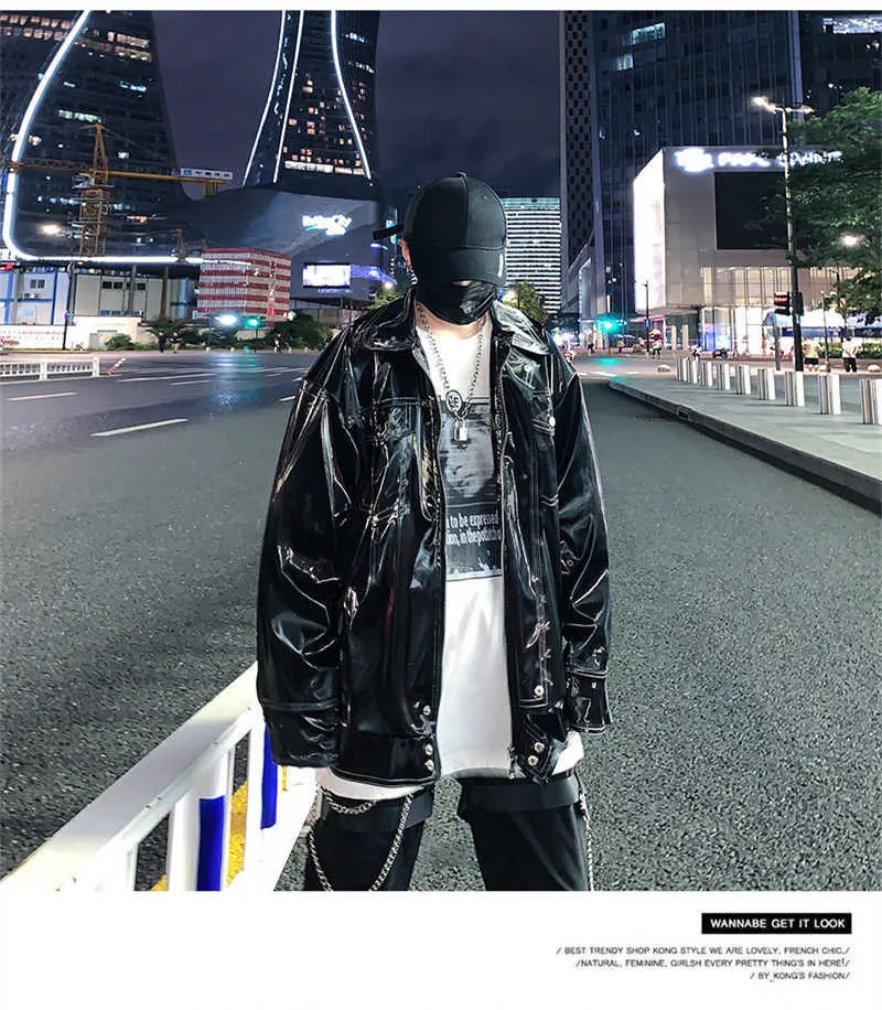 Giacca da uomo in finto Mauroicardi autunno oversize riflettente in vernice lucida con tasche a maniche lunghe 2022 gotico allentato_voghion.com