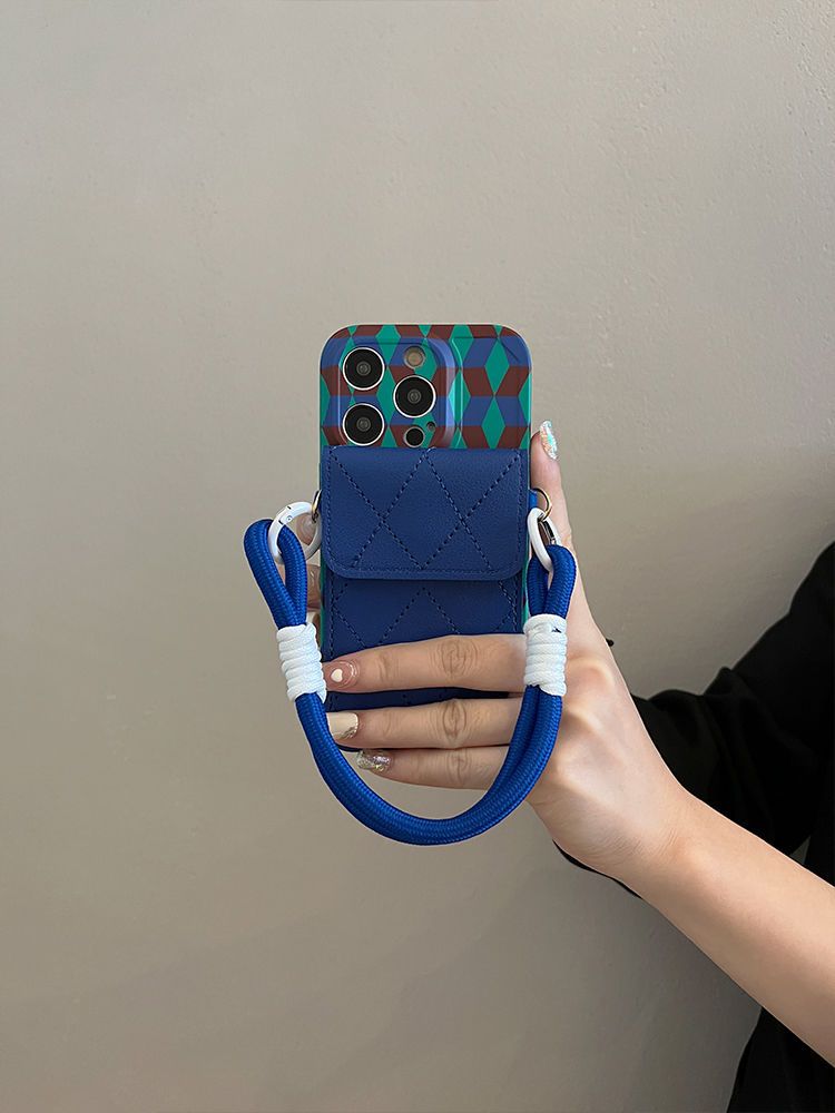 Porte-cartes bleu foncé à blocs de couleurs avec dragonne pour iPhone 13 et iPhone 14, modèle femme 11/12_voghion.com