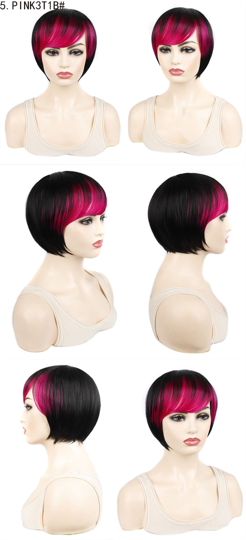Parrucca sintetica Corta frangia dritta sbiancata e tinta obliqua colorata per donna in fibra sintetica opzionale multicolore_voghion.com