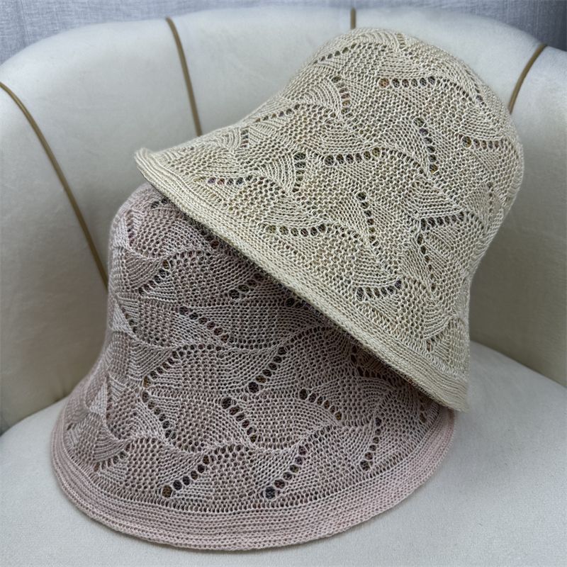 Doppelseitiger Gürtel Sommer Neue Damen Hohler Sonnenschutz-Eimerhut Einfaches Gesicht Kleine Reise Gestrickter Eimerhut_voghion.com