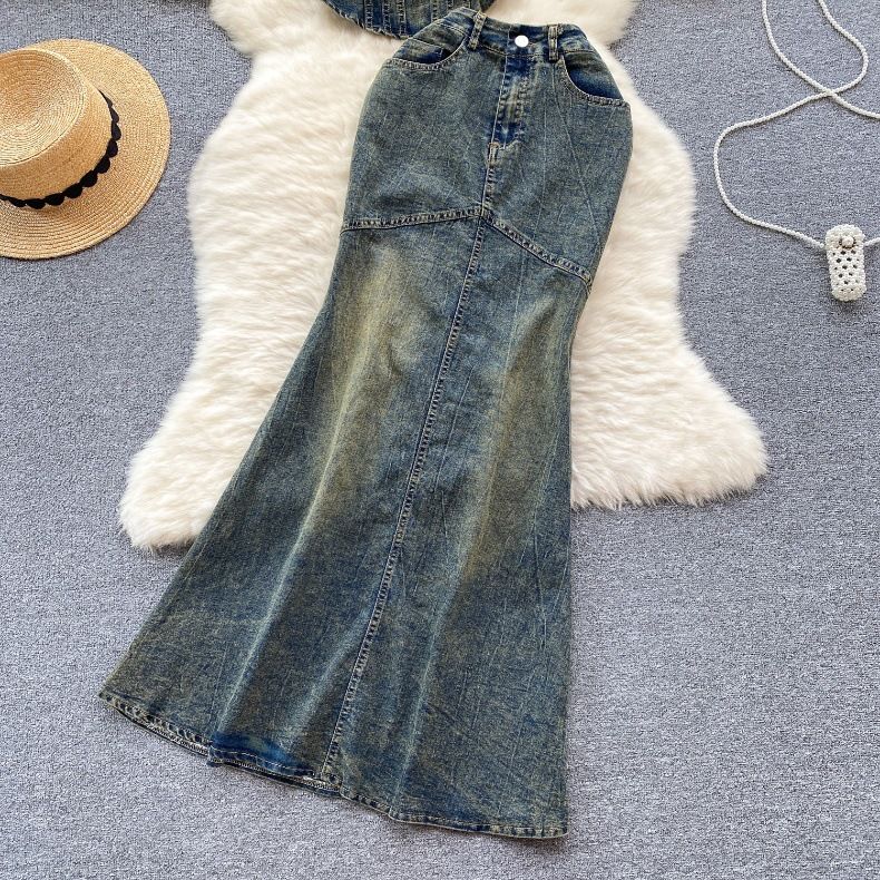 Dámský džínový oblek ve stylu Retro pure lust hot girl pro ženy s designovým tubusovým topem + s vysokým pasem zeštíhlující dlouhá sukně s rozparkem rybího ocasu_voghion.com