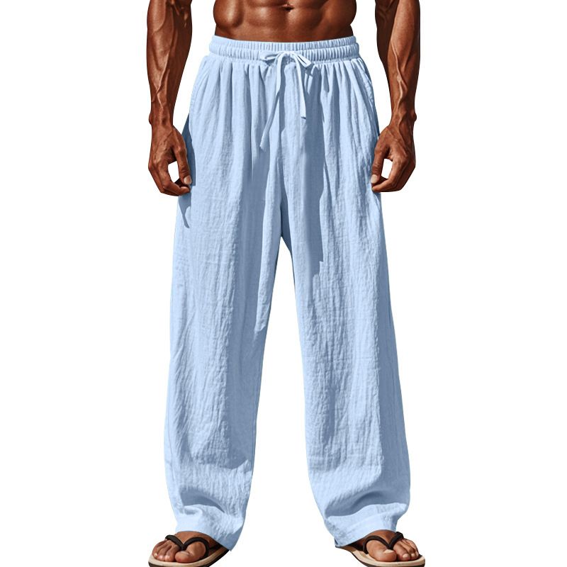 Neue Herrenhose aus Baumwolle und Leinen in Übergröße mit lockerer, einfarbiger, lässiger Schnürhose_voghion.com