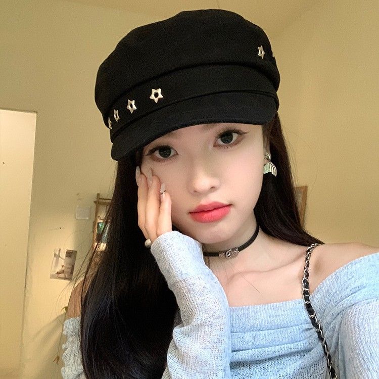 Star Black Beret For Women, Autumn Large Head Circumference, Face Slimming Flat Top Navy Hat, British Style Newsboy Hat_voghion.com