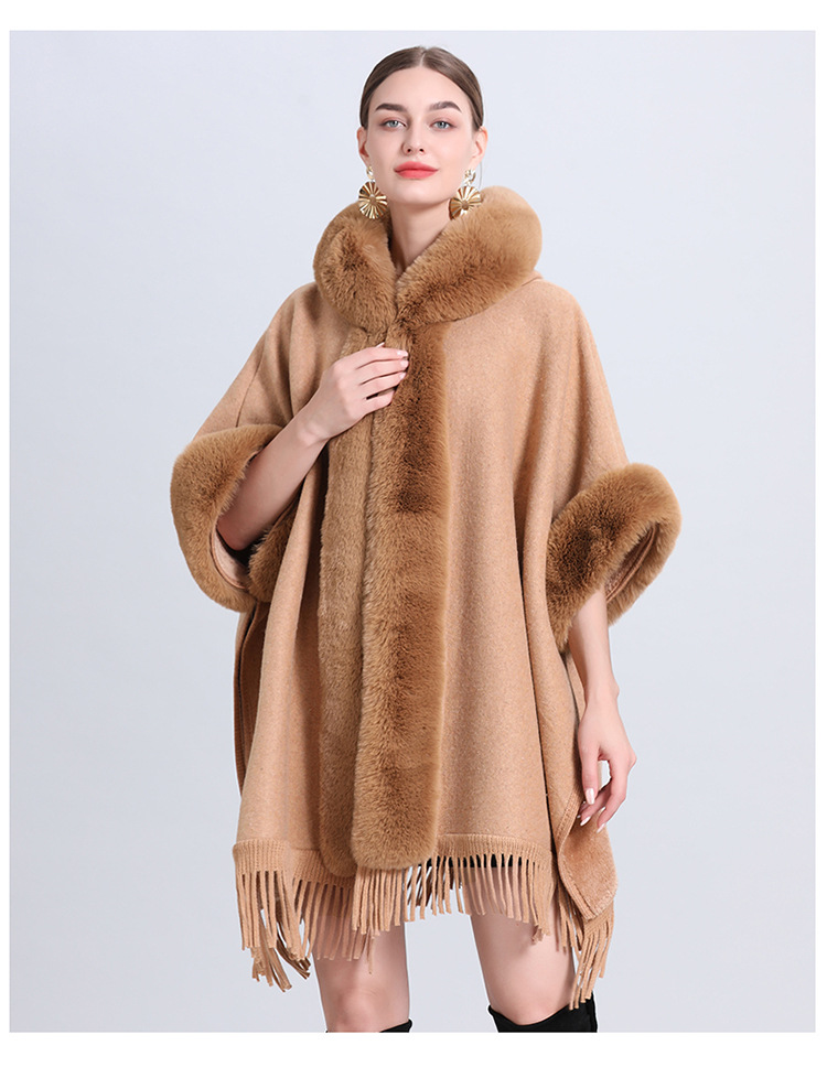 Dameskleding losse plaid plus fluwelen dikke bontkraag gebreide sjaal cape dameswollen sjaaljas_voghion.com