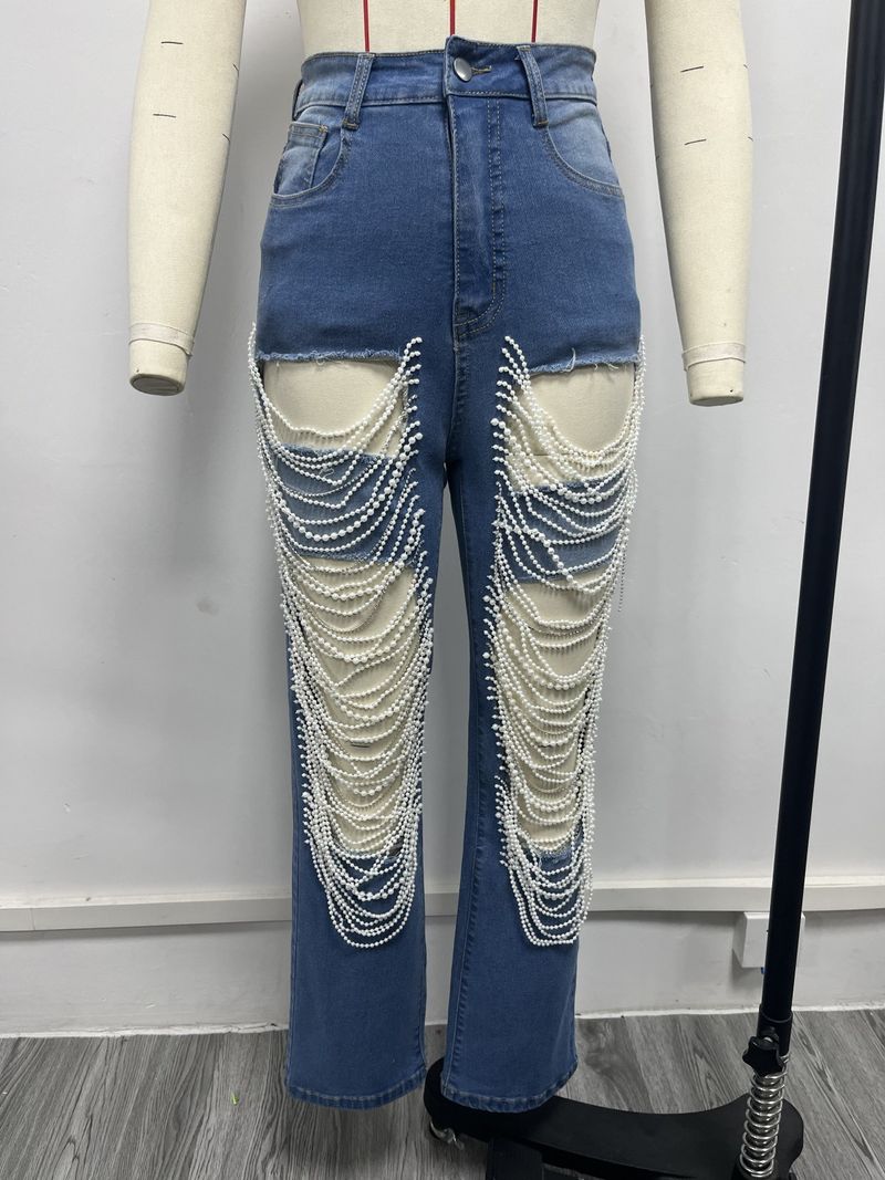 Women's Clothing Hot Girl Summer Pants Holes Heavy Beaded Beaded Stretch Jeans Trousers Women Jeans_voghion.com