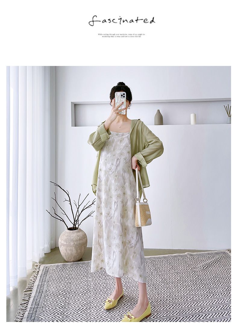 Completo da donna incinta, abito in chiffon con gonna e bretelle, camicia in tencel, abbigliamento con protezione solare, set due pezzi primaverile_voghion.com