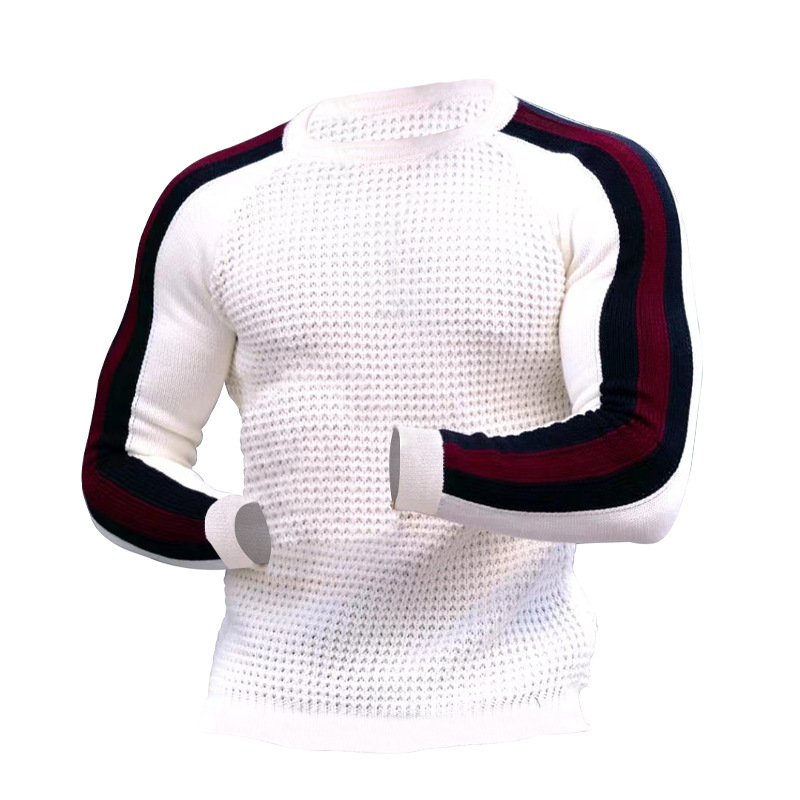 Menswear Autumn And Winter Waffle Long Sleeve Crew Neck Shirt Men's Contrast Color Slim Fit Bottom Sports Casual Sweater Men_voghion.com
