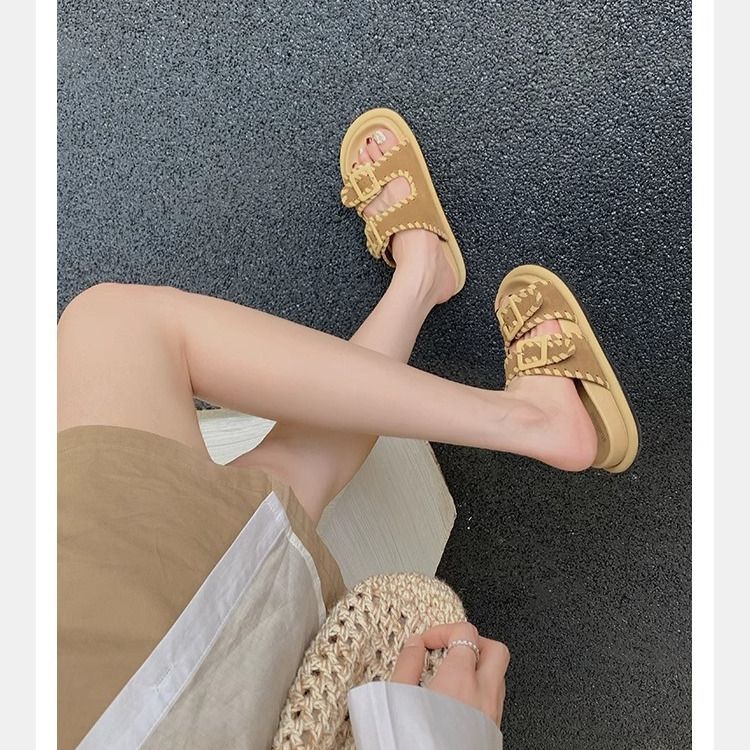 Multifunktionaler, einstufiger, offener Zehenbereich, zweireihiger Halbschuh, dicke Sohle, erhöhter Bokken-Slipper,_voghion.com