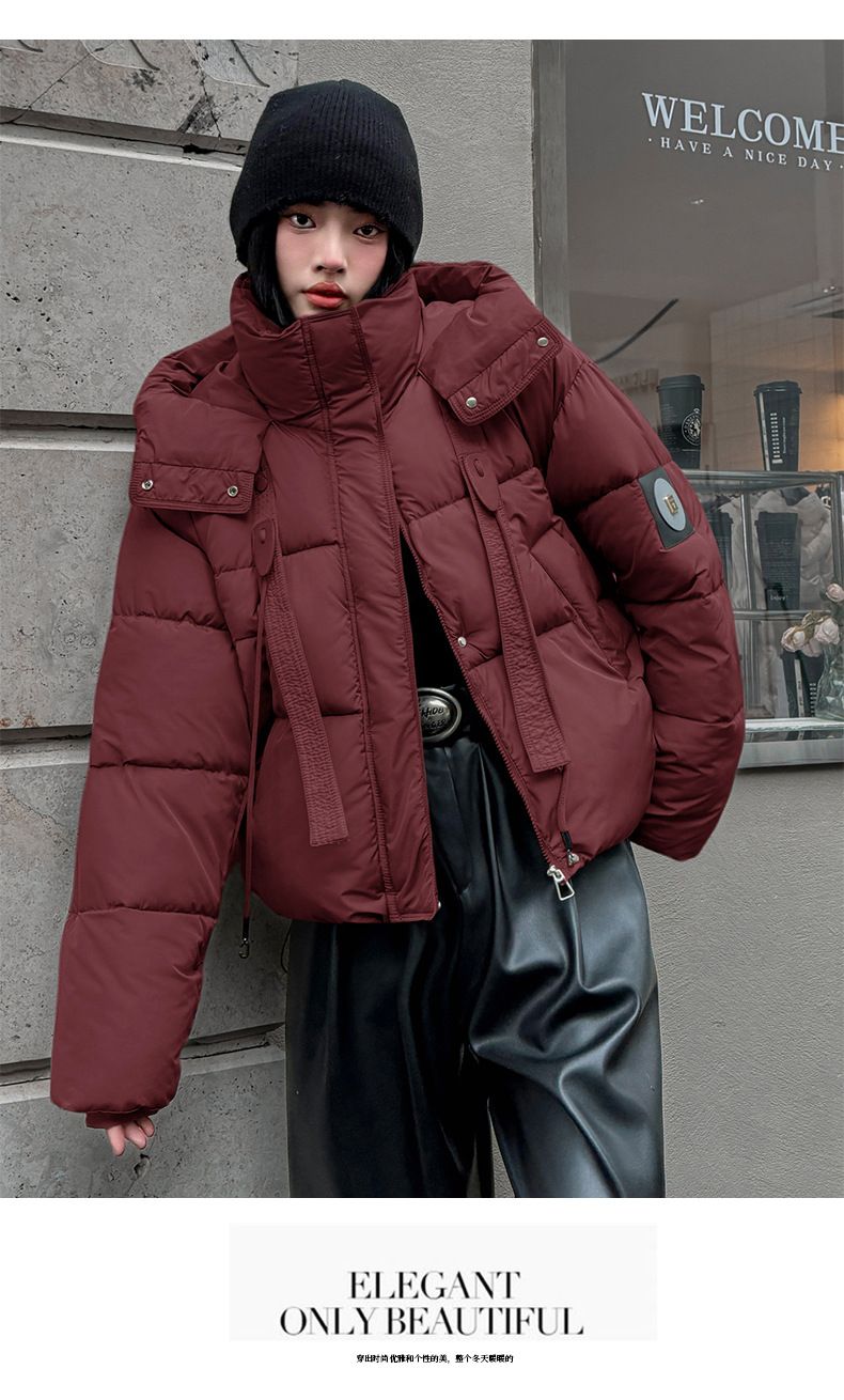 Pufferjacke für Damen – Übergroßer Kurzmantel mit Kapuze und Polyesterfüllung (M-2XL, wintertauglich, Reißverschluss, Schwarz/Grau/Taupe/Ankara-Rot)_voghion.com