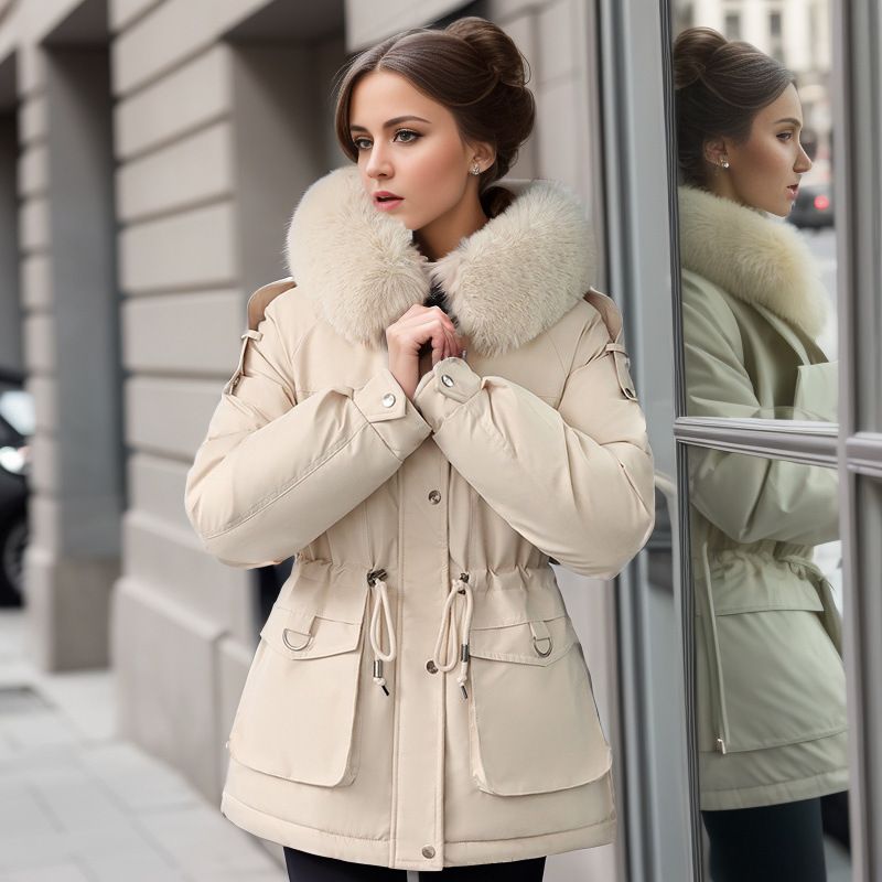 Dámské oblečení s fleecovou podšívkou, zesílené oblečení Pike, dámské krátké zimní nové přírůstky, velký kožešinový límec, slim fit, zeštíhlující bunda s bavlněnou podšívkou_voghion.com