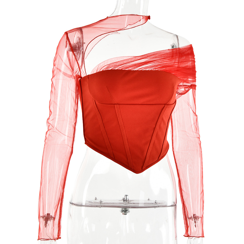 Women's temperament sexy see-through mesh stitching chest top_voghion.com