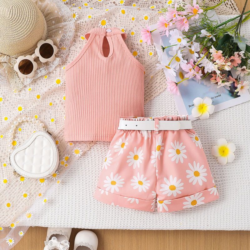 Kannerkleeder Nei Summer Meedercher Kostümer Kleng a Mëttel Kanner Einfarweg Halter Neck Top + Bedruckte Shorts + Rimm_voghion.com