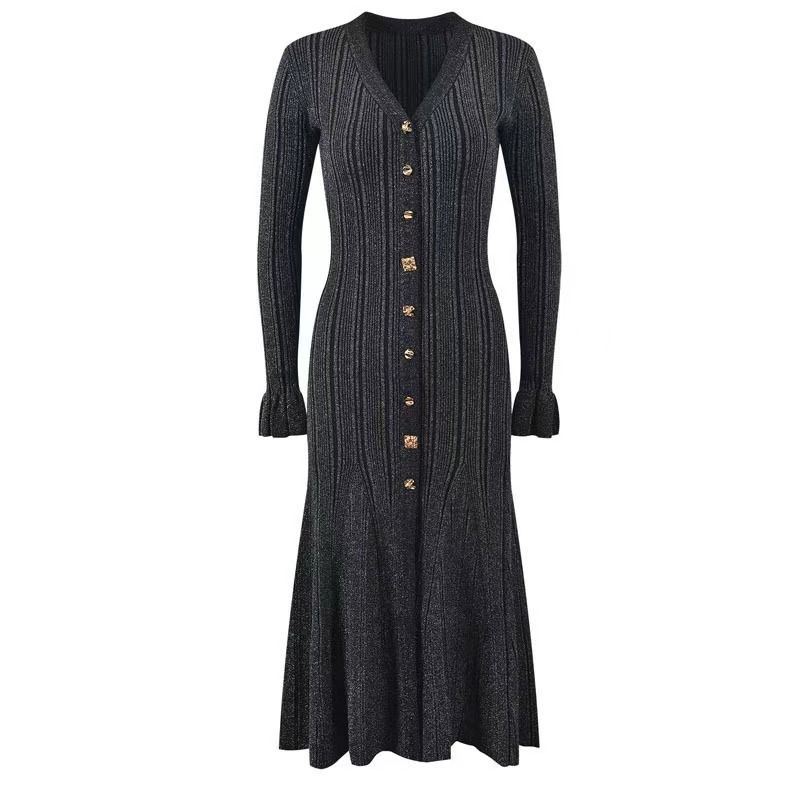 Gonna lunga in vita da donna Gonna monopetto con bottoni dorati e scollo a V in oro 2024 Gonna a maglia sottile nuova da donna autunno e inverno_voghion.com