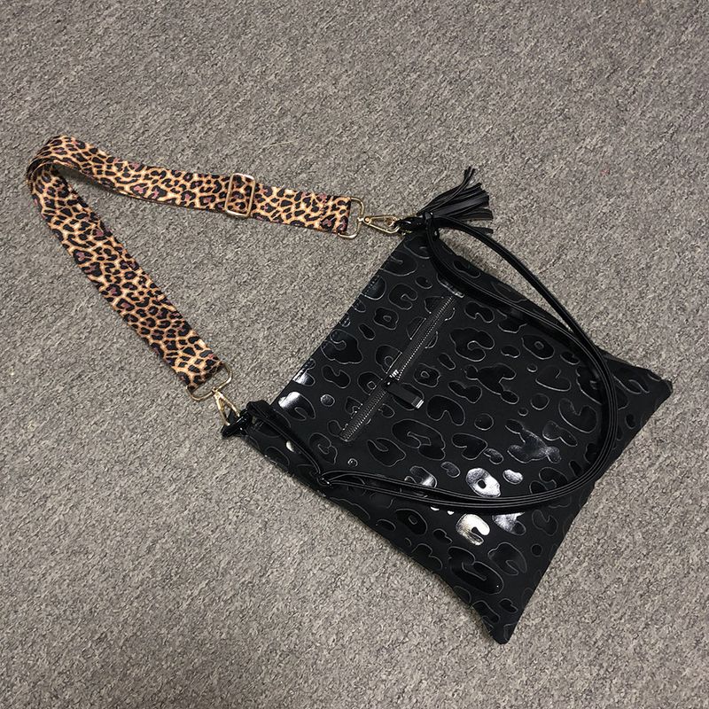 Sac à bandoulière léopard noir, sac à bandoulière en toile verticale avec fermeture éclair et tournesol pour femmes, sac d'étudiant_voghion.com