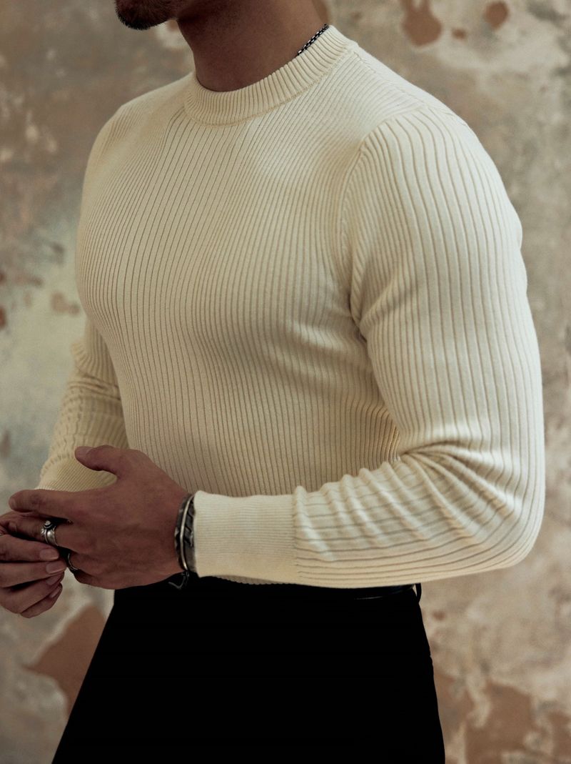 "Slim Fit Knit Thermal Long Sleeve T-Shirt – Stretchable Base Layer For Men In Black/Off-White (M-XXXL)"_voghion.com