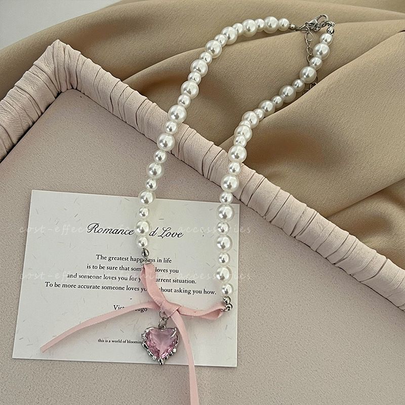 Collana con clavicola francese, dolce cuore rosa, fiocco di perle, design di nicchia femminile, dolce collana di puro desiderio_voghion.com