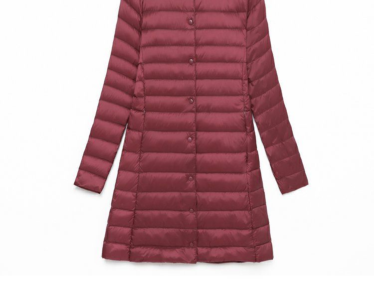 Doudoune longue légère pour femme avec fermeture à boutons-pression, coupe ajustée, col rond, doublure chaude en plumes de canard, manteau mi-long tendance_voghion.com
