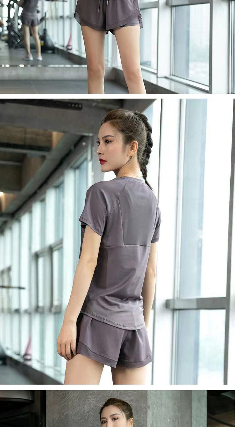Ensemble de sport deux pièces amincissant à manches courtes pour femme, vêtements de fitness d'été, de course à pied, de yoga à séchage rapide_voghion.com