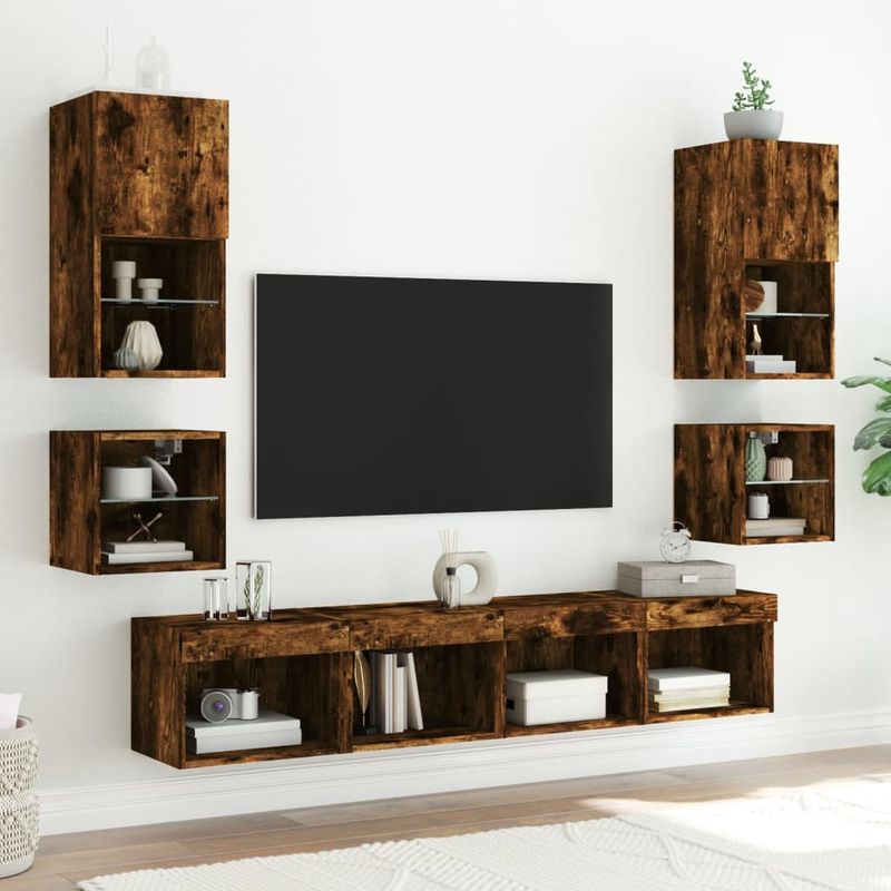 Wand-Nachttische mit LED-Leuchten 2 Stk. Räuchereiche_voghion.com