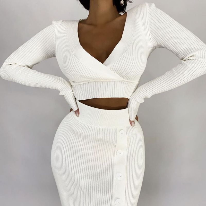 Conjunto de saia com fenda slim fit de malha, 2 peças, blusa de cor sólida feminina, conjunto de saia longa, manga comprida, saia de terno feminina_voghion.com
