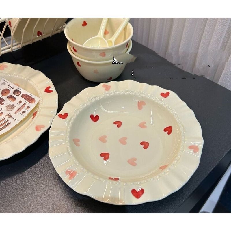 Creme Herz Spitze Strohhut Haushalt Deep Dish Keramik Pasta Hochwertiger Salat Teller Geschirr_voghion.com