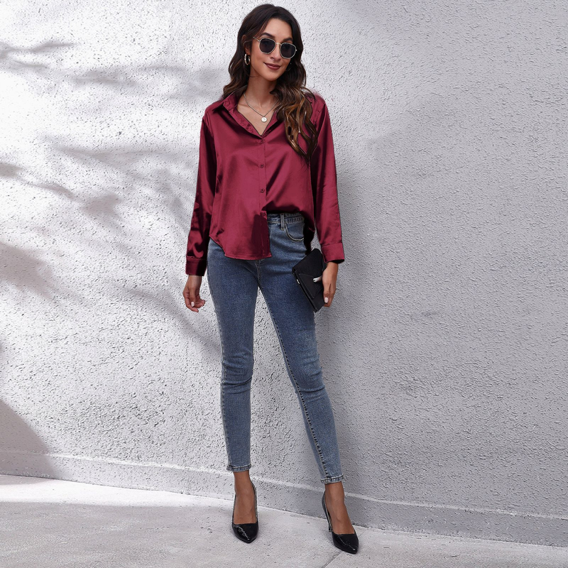 Women's clothing color D shirt satin silk imitation long sleeve shirt_voghion.com