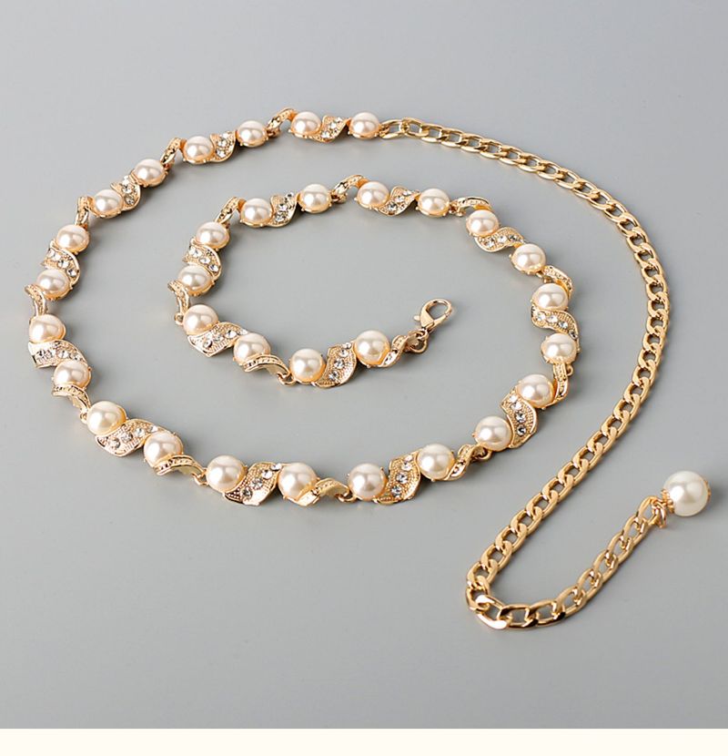 Diamond studded pearl belt for women's dress, Korean fashion versatile decoration, slim waist chain, metal chain dress_voghion.com