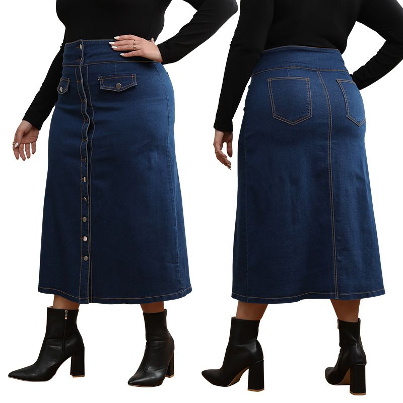 Plus Size High Waist Denim Skirt With Button Front – Fake Pocket Detail, Stretch Comfort (1XL-5XL, Bluish) – Casual_voghion.com