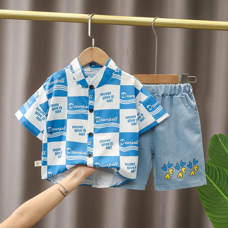 2024 Summer New Polo Neck Shirt Short sleeved Set, Boys' Casual Cowboy Shorts Two Piece Set_voghion.com
