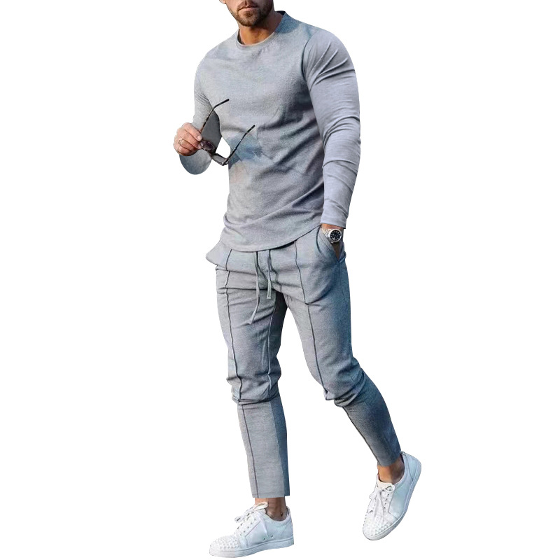 Herrenanzug Frühling und Herbst lockere Rundhals-Langarm-T-Hose zweiteilige lässige Herren-Sportbekleidung_voghion.com