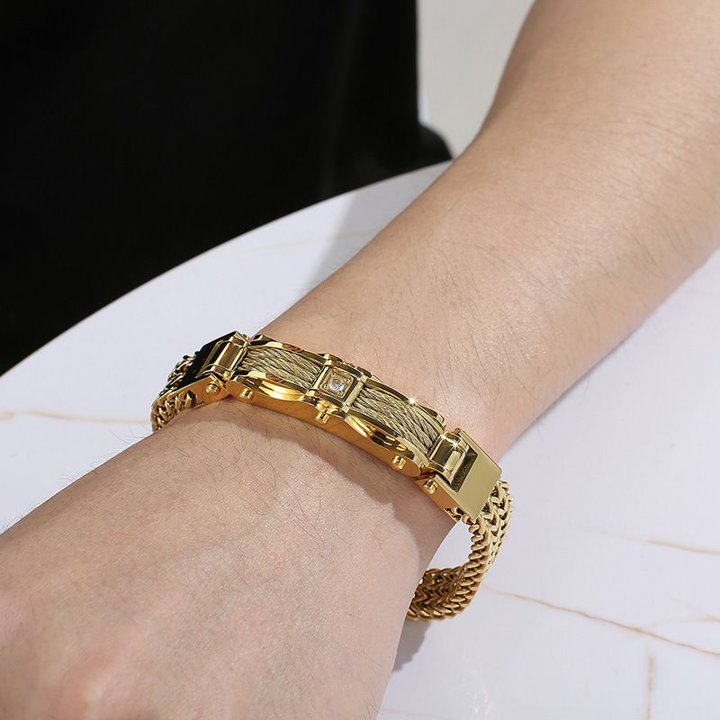 Bracciale da uomo in acciaio inossidabile con diamanti - Design geometrico alla moda per abbigliamento casual e formale - Misure regolabili da 19 cm a 23 cm_voghion.com