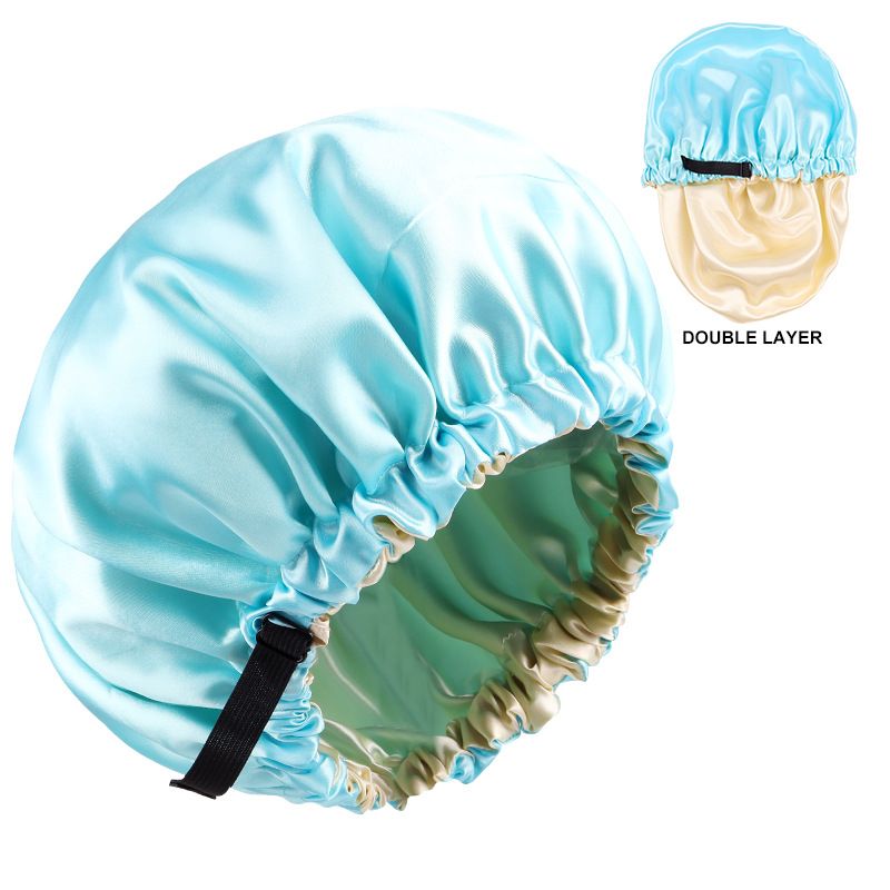 Cuffia da notte in raso a doppio strato, fibbia regolabile invisibile piatta, cuffia da doccia in seta tinta unita, indossabile su entrambi i lati, cuffia elastica per capelli_voghion.com