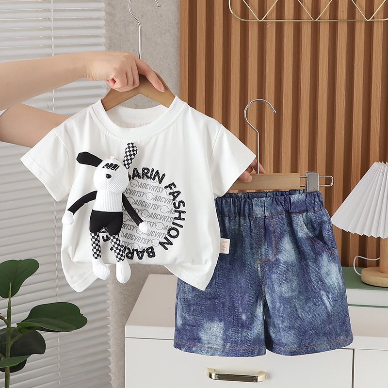 Summerkostüm 2024 Neit Moudegt Jongen Huesenpopp Kuerzärmlech Zwee-Stéck Set fir Puppelcher a Kannermoud_voghion.com