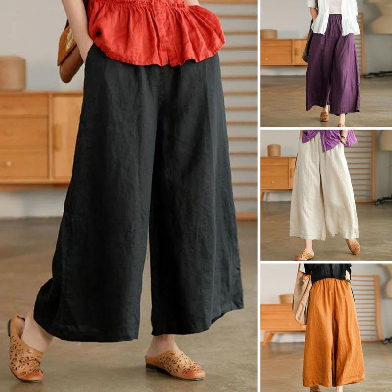 Venda quente Mulheres Verão Primavera Perna Larga Oversized Reta Cor Sólida Cintura Elástica Combinar Top Bolsos Virilha Profunda Senhora Nona Calças_voghion.com