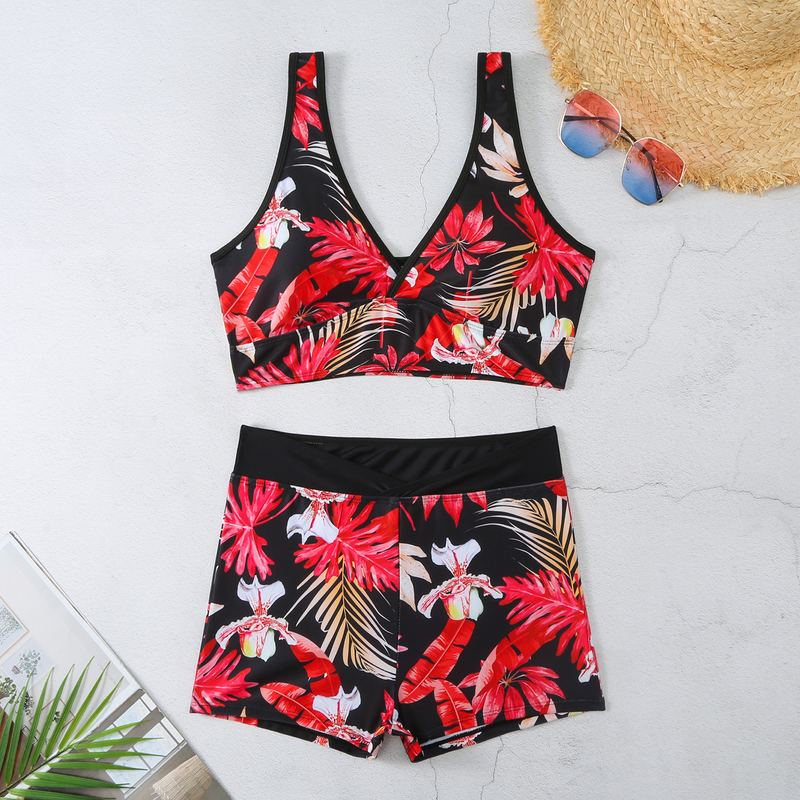 2024 New Printed Skirt Conservative Women's Split High Waist Tankini Swimsuit_voghion.com