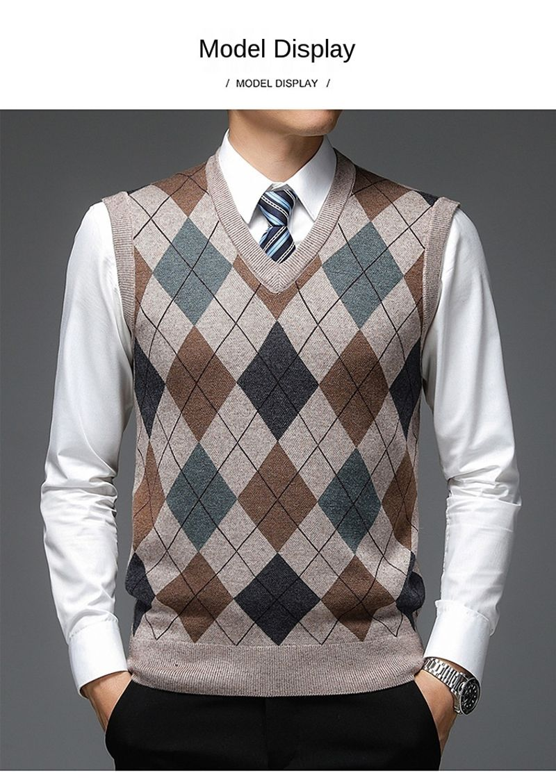 Novo outono designer de moda marca argyle pulôver diamante camisola com decote em v malha colete 6% lã sem mangas roupas masculinas casuais_voghion.com