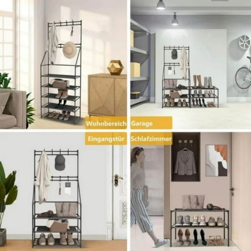 5-Tier Shoe Rack Shoe Storage For Entryway,Narrow Shoe Rack,Coat And Shoe Rack With 8 Hooks_voghion.com