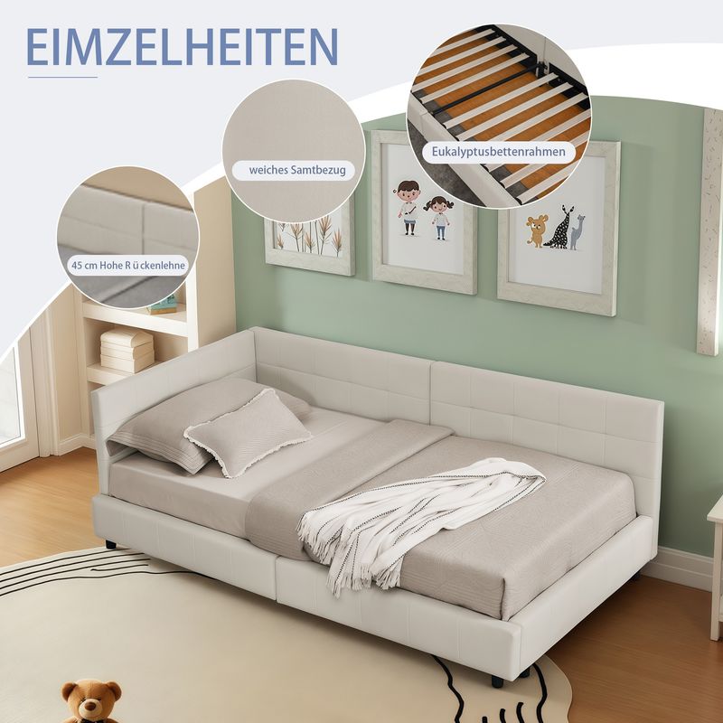 Einzelbett 90x200cm, Samtbezug, Hohe Rückenlehne, Beige_voghion.com
