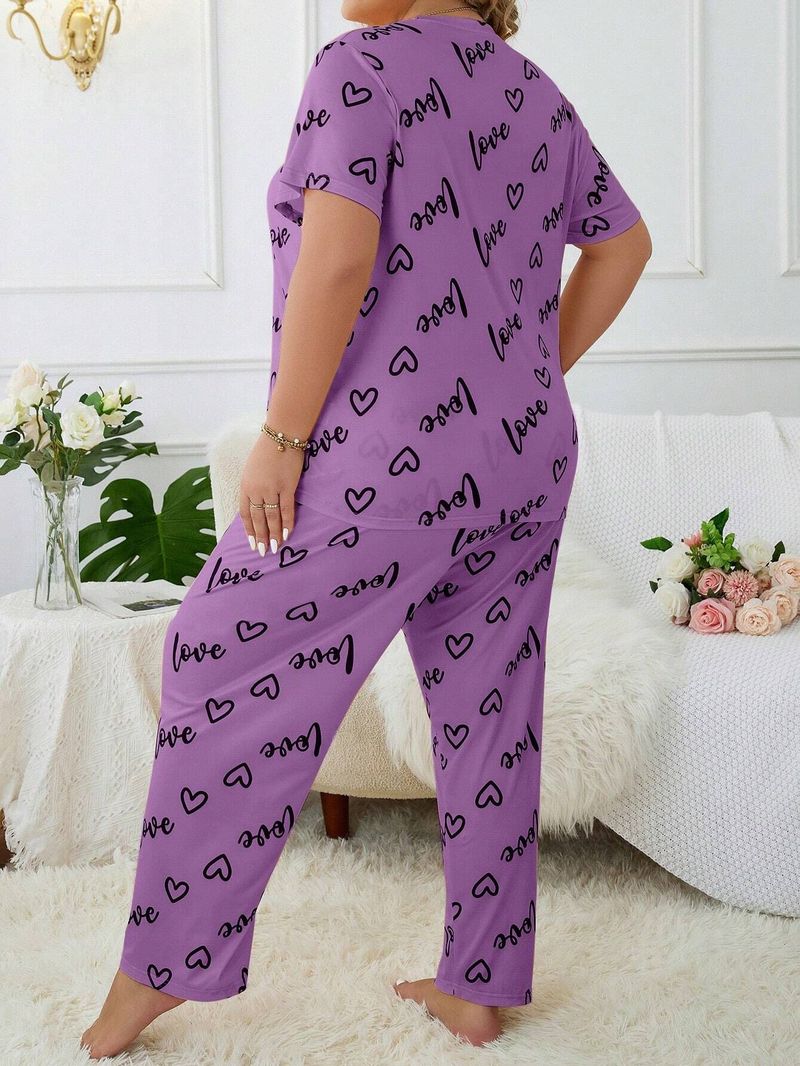 Women's Sleepwears Large Size Home Clothes Plus Size Plus Size Love Round Neck Short Sleeved Trousers_voghion.com