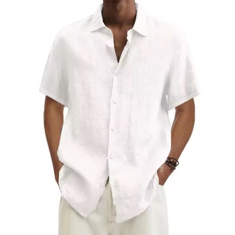 Roupas masculinas Nova camisa masculina de manga curta de algodão com lapela e bolsos Cor sólida Solta Versão Grande Camisa masculina_voghion.com