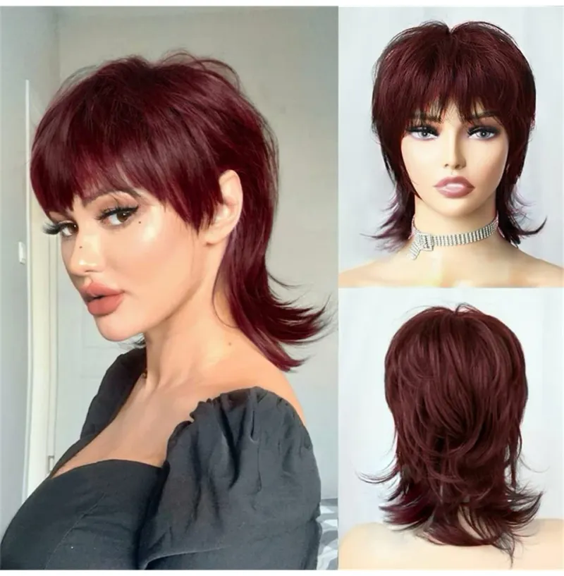 99J Ekte hår Mullet-parykk Pixie Cut-parykker 70-80-tallet Uten blonder foran Parykk med lugg Kort, raggete lagdelt Parykk til fest, cosplay-bruk_voghion.com