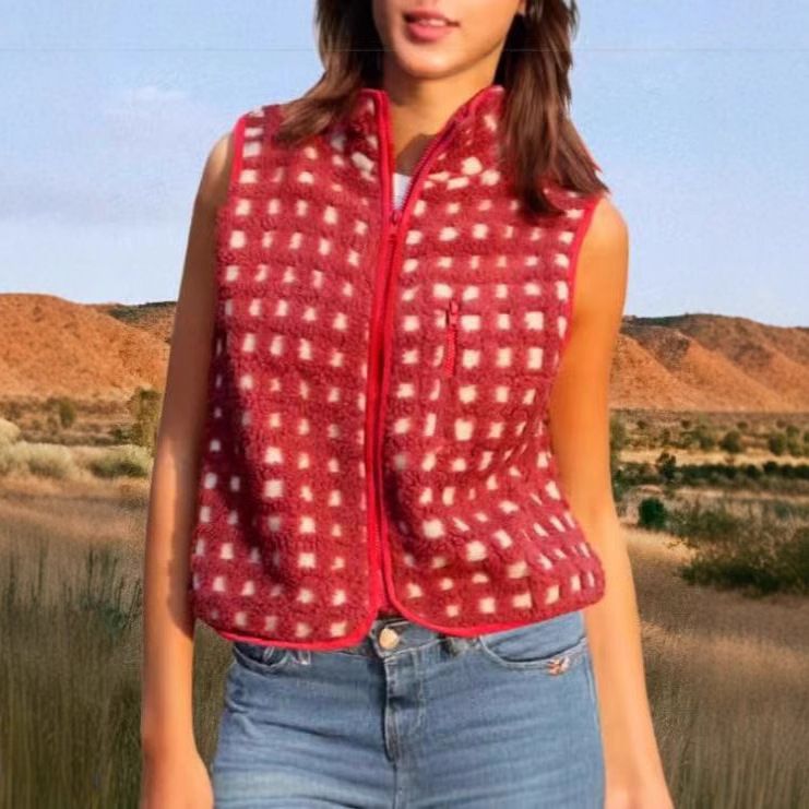 Gilet zippé en polaire gaufrée pour femme, col montant, sans manches, superposition légère et chaude pour l'automne et l'hiver_voghion.com