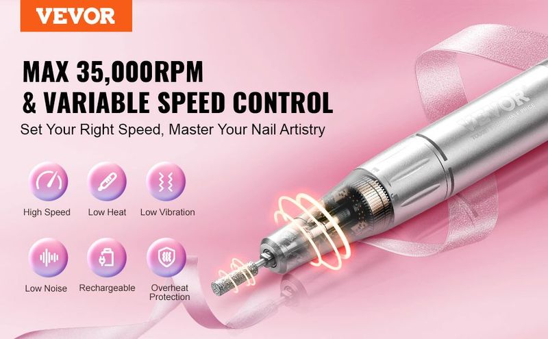VEVOR Electric Rechargeable Nail Drill, 35,000RPM Portable Cordless Nail E File Machine, LCD-Display Acrylic Gel Grinder Tool With 6 Bits And 50PCS Sanding Bands For Manicure Pedicure Carve Polish_voghion.com