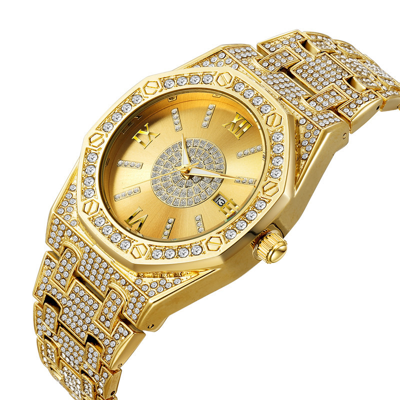 Gulddiamant Hiphop Legeringsband Datum Quartz Klockor För Herr_voghion.com
