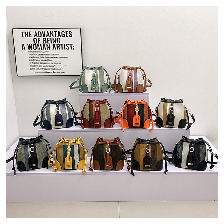 Sacs seau pour femmes, sac seau portable à rayures de couleur contrastée, sac à bandoulière tendance pour femmes_voghion.com